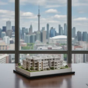 buyer articles | Central Commercial Realty An architectural scale model of a modern multi-unit property on an office desk.