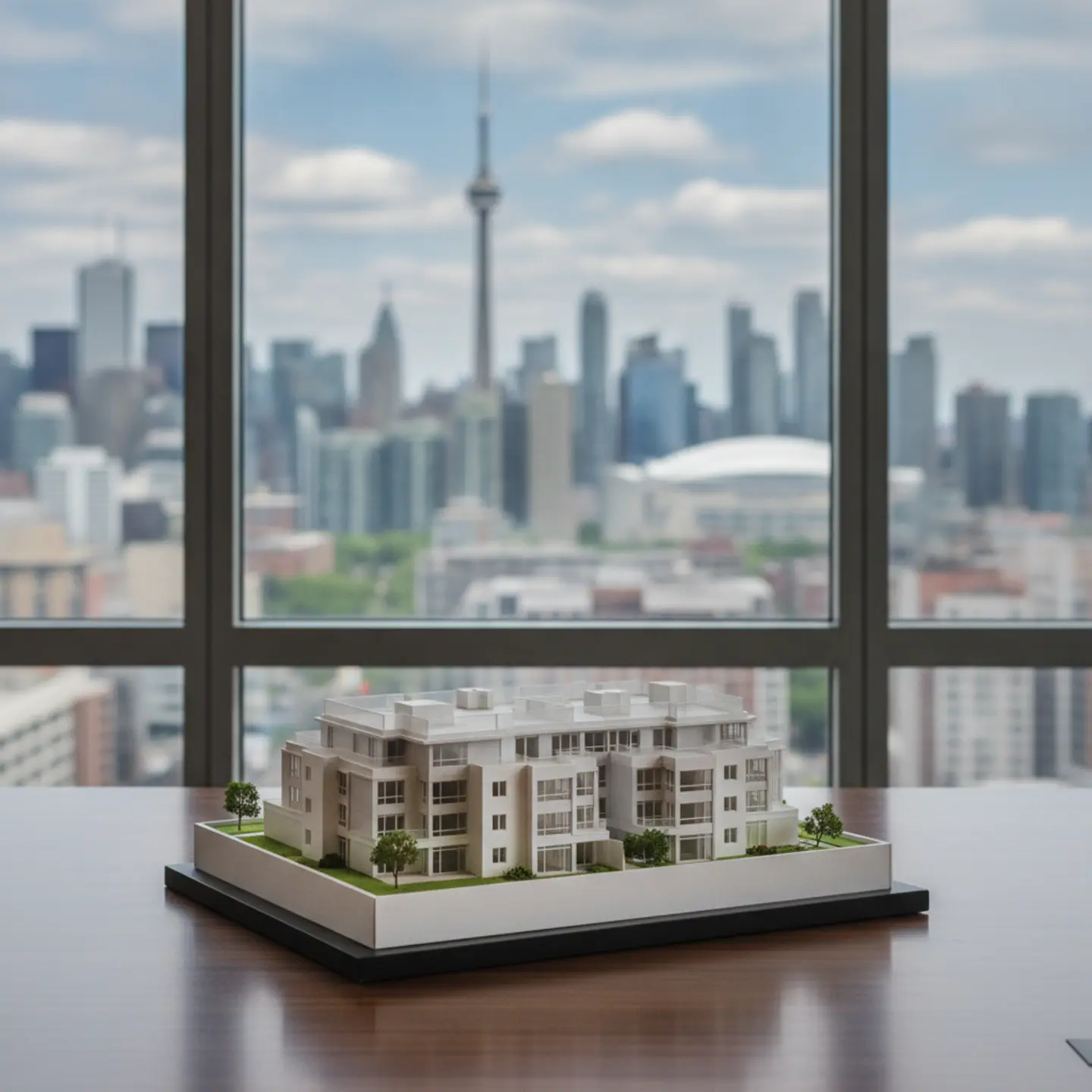 Home | Central Commercial Realty An architectural scale model of a modern multi-unit property on an office desk.